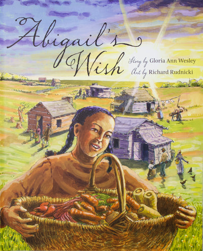 Book Cover- Abigail's Wish. Illustrated image of a young girl holding a basket of vegetables with village in the background.