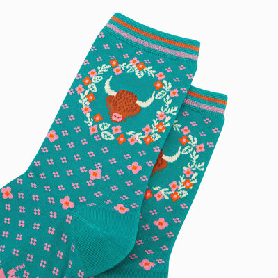 Women's Bamboo Socks - Teal, Highland Cow Floral Wreath