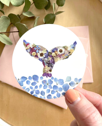 Whale Tail & Water Pressed Flowers 3" Vinyl Sticker