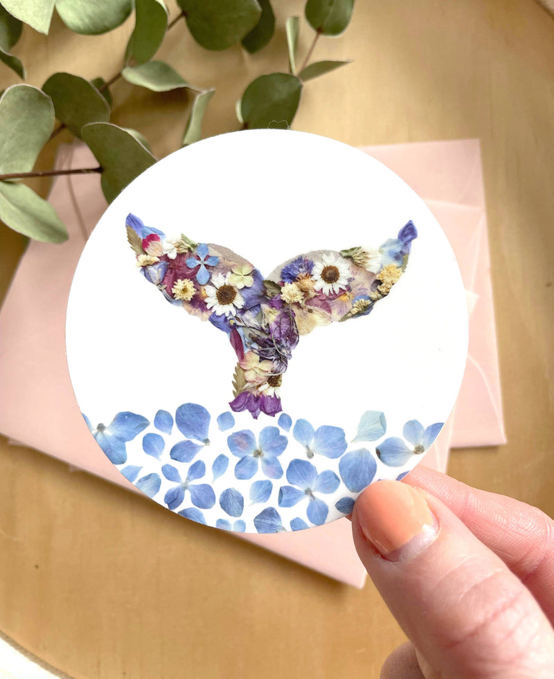 Whale Tail & Water Pressed Flowers 3" Vinyl Sticker