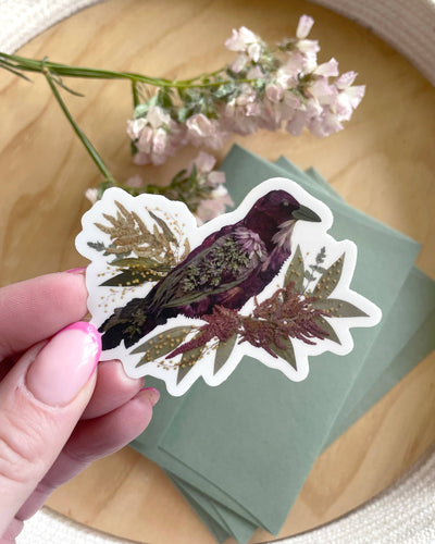 Crow Pressed Flowers, Sticker 3"