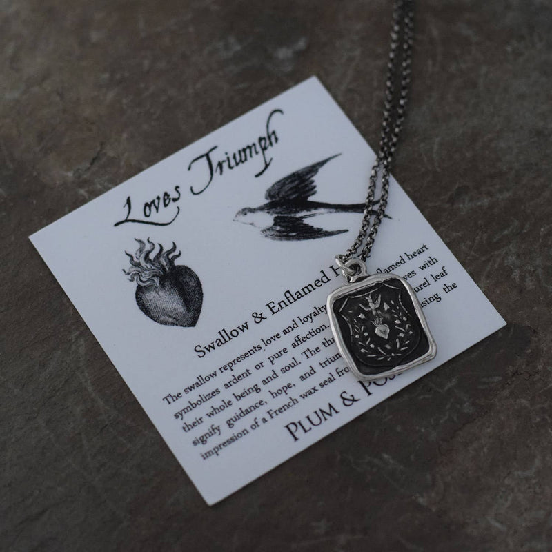 Loves Triumph - Swallow and Enflamed Heart  Necklace