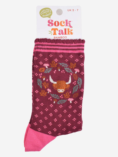 Women's Bamboo Socks - Burgundy/Pink, Highland Cow Wreath