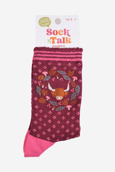 Women's Bamboo Socks - Burgundy/Pink, Highland Cow Wreath