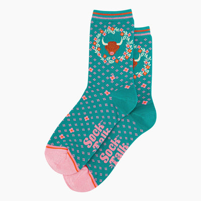 Women's Bamboo Socks - Teal, Highland Cow Floral Wreath