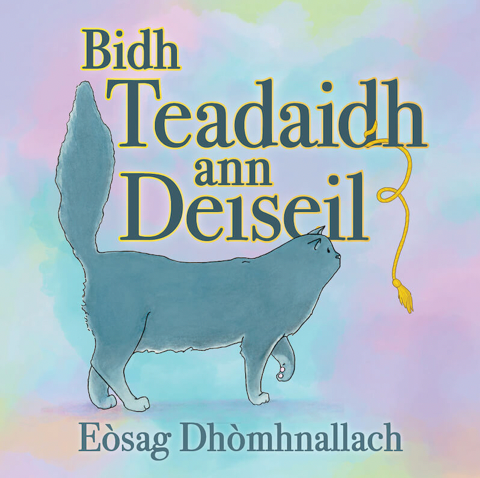 Gaelic book title. Illustration of a cat with text on a pastel background