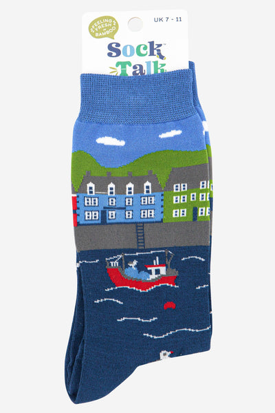 Men's Fishing Village Scene Bamboo Socks