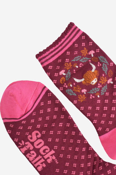 Women's Bamboo Socks - Burgundy/Pink, Highland Cow Wreath