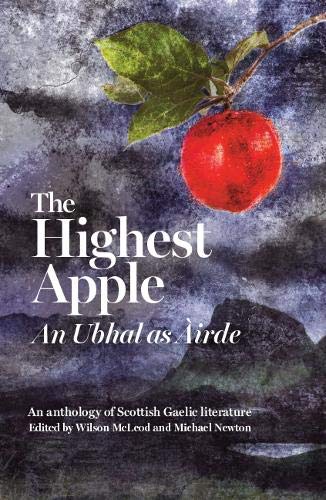 Book Cover- An Ubhal as Àirde | The Highest Apple. Illustrated image of a red apple and dark mountainous background. 