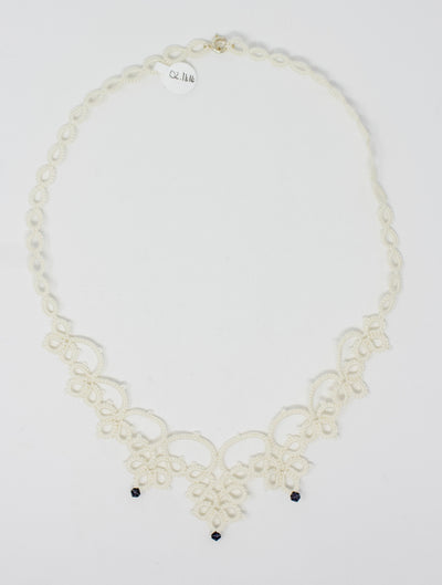 Tatted Half Necklace, White with Black Beads