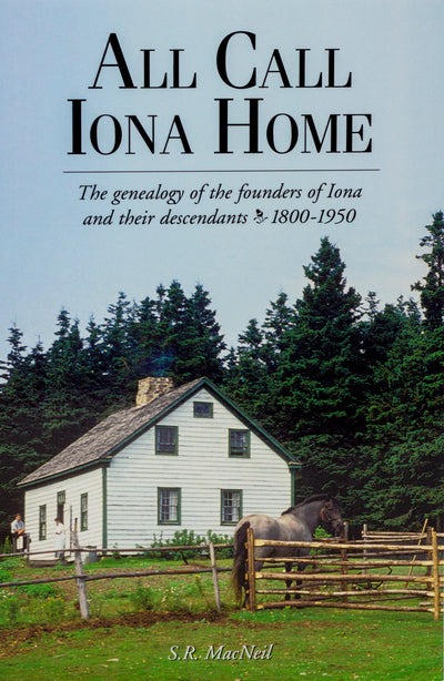 A book describing the genealogy of the founders of Iona. Book cover is a photograph of a white farmhouse and horse in the pasture. 