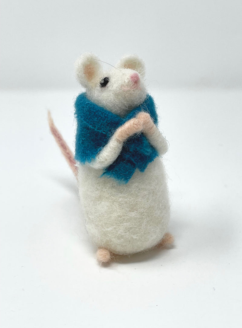 White Felted Mouse with Teal Shawl