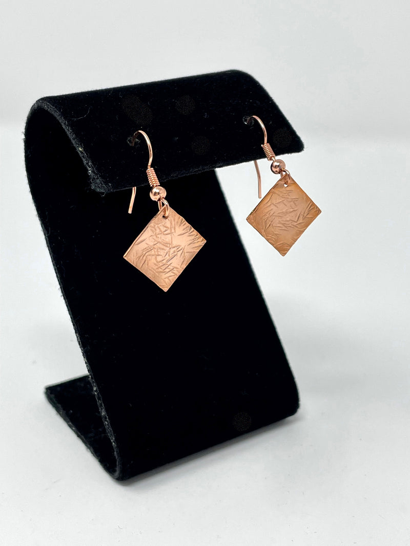Copper Hand Forged Earrings- Square Shape and Etched