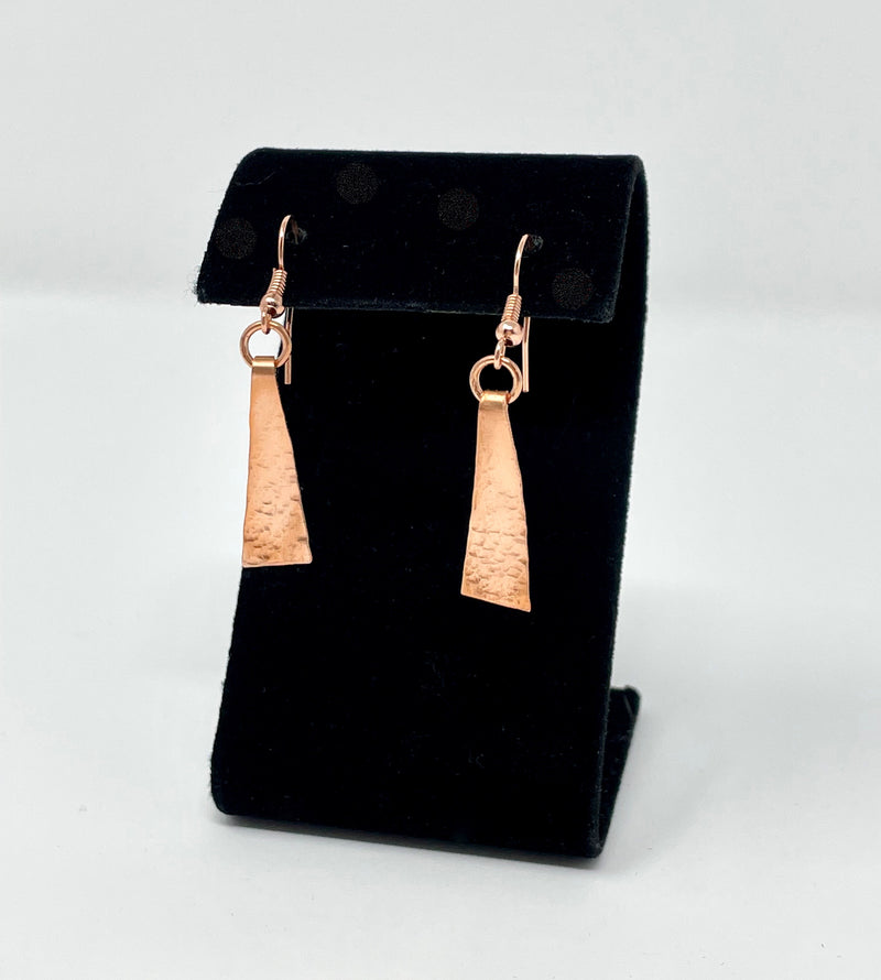 Copper Hand Forged Earrings- Triangle Shape, Etched