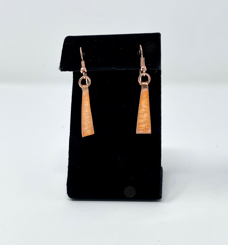 Copper Hand Forged Earrings- Triangle Shape, Etched 