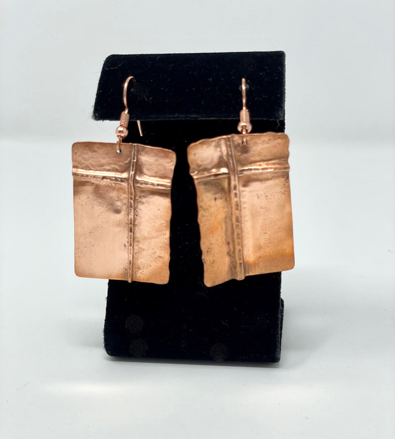 Copper Hand Forged Fold Form Earrings- Rectangle Shape