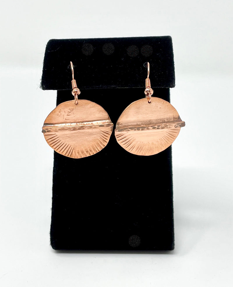 Copper Hand Forged Fold Form Earrings- Circular Shape 