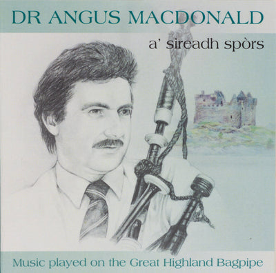 CD Cover - A' Sireadh Spòrs. The cover is light green and white with a sketch of a man with bagpipes and castle in the background. 