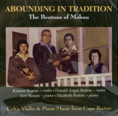CD Cover- Abounding in Tradition by The Beatons of Mabou. Cd cover is green with photo of 4 musicians. 