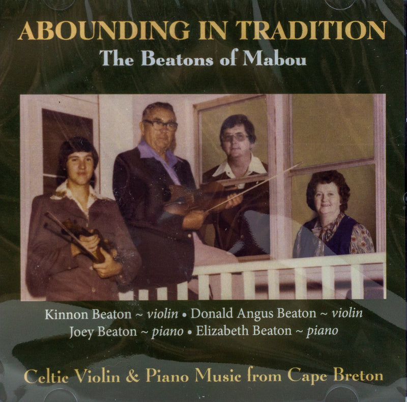 CD Cover- Abounding in Tradition by The Beatons of Mabou. Cd cover is green with photo of 4 musicians. 