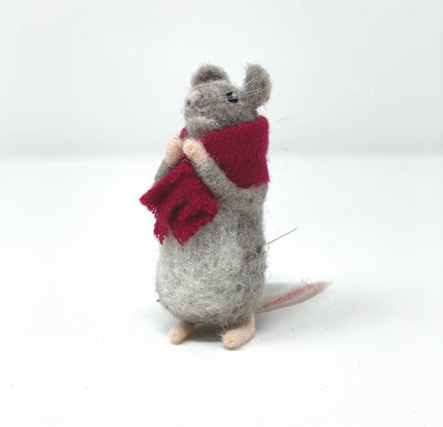 Grey Felted Mouse with Red Shawl 