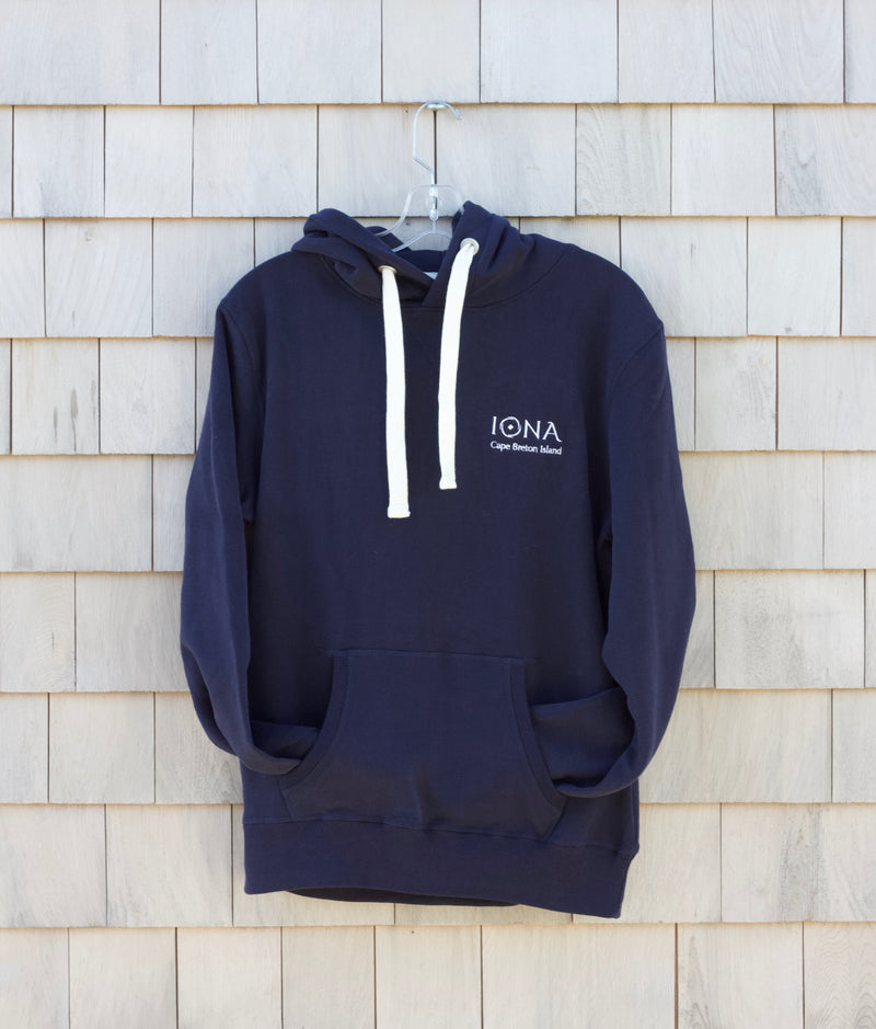 Navy Coloured Hoody with white drawstrings. Embroidered logo which says &