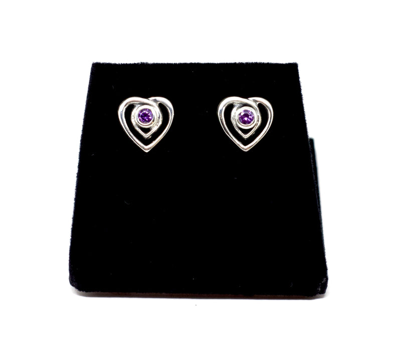 Celtic Heart Silver Stud Earrings with Amethyst  2039