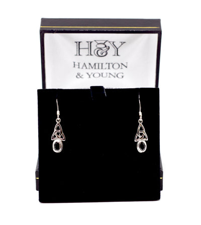 Celtic Trinity Knot Silver Drop Earrings With Black Stone 9153